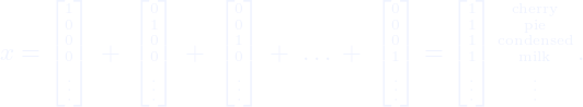 \[\tiny x = \begin{bmatrix} 1 \\ 0 \\ 0 \\ 0\\ \vdots\end{bmatrix}\,+\;\begin{bmatrix} 0 \\ 1 \\ 0 \\ 0\\ \vdots\end{bmatrix}\,+\;\begin{bmatrix} 0 \\ 0 \\ 1 \\ 0\\ \vdots\end{bmatrix}\,+\; \ldots \,+\; \begin{bmatrix} 0 \\ 0 \\ 0 \\ 1 \\ \vdots \end{bmatrix} = \begin{bmatrix} 1 \\ 1 \\ 1 \\ 1 \\ \vdots \end{bmatrix} \begin{matrix} \mbox{cherry} \\  \mbox{pie} \\  \mbox{condensed} \\  \mbox{milk} \\ \vdots \end{matrix} \,.\]