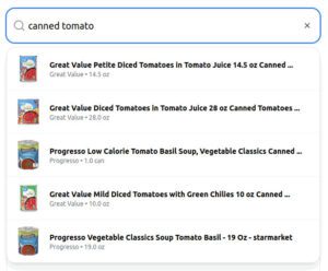 Text similarity search results for "canned tomato" uses OpenAI embeddings