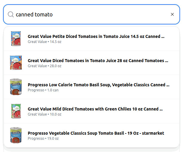 Text similarity search results for "canned tomato" uses OpenAI embeddings