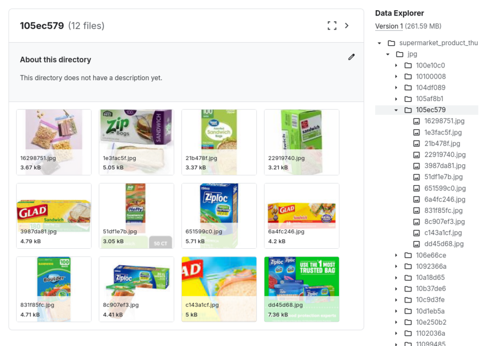 Screenshot of the Supermarket Product Images dataset displayed in the Kaggle Data Explorer, showing thumbnail images of grocery products across multiple categories.